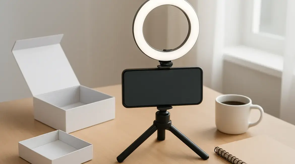 Smartphone su treppiede con luce ad anello e confezioni di prodotto aperte su una scrivania, set per girare video UGC