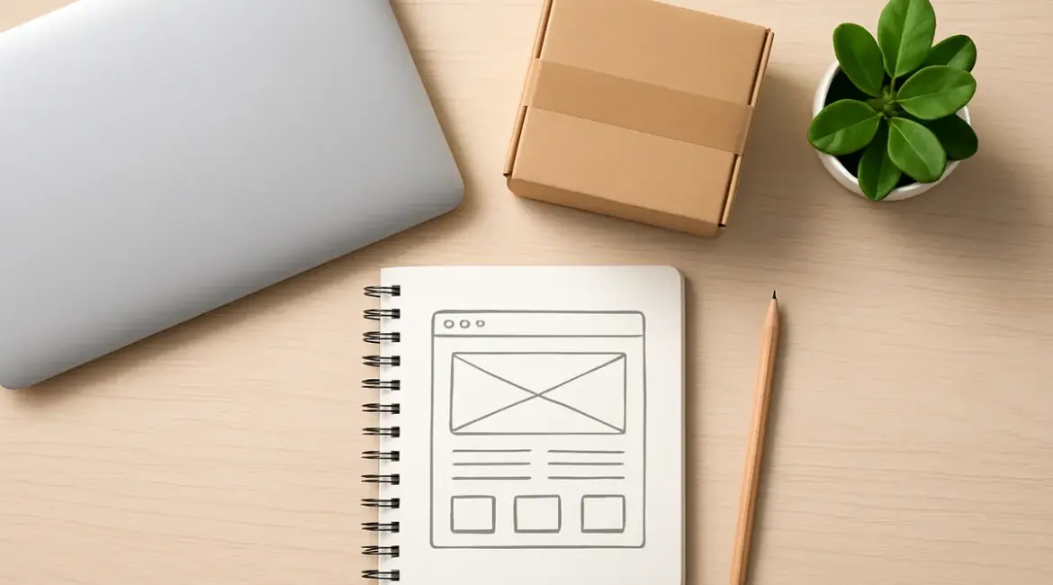 Scrivania con pacco da spedire e bozza di sito web a mano, per scegliere tra sito vetrina ed e-commerce